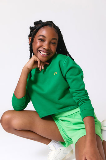 Girls Raw Hem Cropped Crew in Camper Green