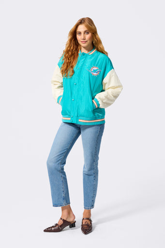 Dolphins Bomber Jacket in Aqua and Sugar Swizzle